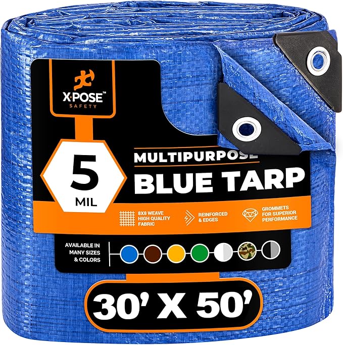 Better Blue Poly Tarp 30' x 50' - (Cut Size) Multipurpose Protective Cover - Lightweight, Durable, Waterproof, Weather Proof - 5 Mil Thick Polyethylene - by Xpose Safety