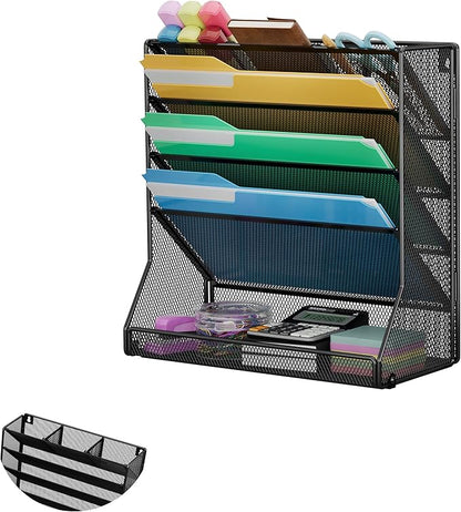 File Organizer Wall Mounted 5 Tiers, Durable Adjustable Metal Vertical Hanging, Stable R-Shaped Bottom 4 Pull-Out Deviders to Sort File,Mail,Newspaper,Pen, Suitable for Office,Black