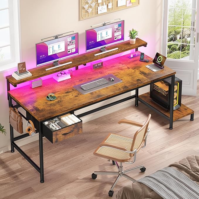 47.2 Inch Office Desk with Power Outlet & Ergonomic Monitor Stand,Gaming Desk with CPU Stand& LED Lights,Computer Desk with Drawer for Home Work,Study Redroom and Gaming,Small Spaces,Rustic Brown