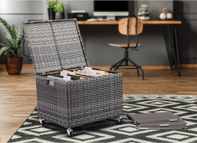 BIRDROCK HOME Rolling File Box - Storage Cabinet with Wheels - Weatherproof Rattan-Style Resin Deck Chest for Garden, Home and Office - Organize Cushions, Toys, and Accessories - Storage Box - Grey