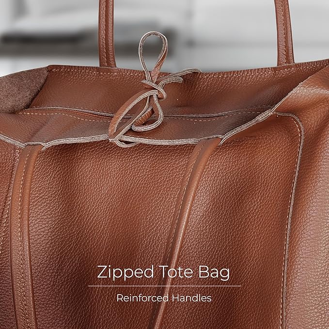 Italian Calf Leather Tote for Women with Zipper, Inner Pocket & Flat Base | Soft Unlined Shopper for Work & Travel
