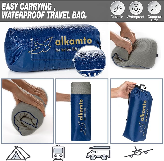 Travel & Camping Comfortable Memory Foam Pillow – Easy to Carry Portable Bag – Temperature Regulating Pillow Case (Grey)