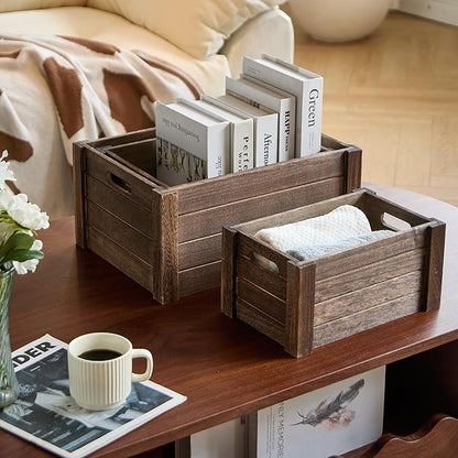 Large Vintage Brown Wooden Crates For Storage,Nesting Handmade Solid Wood Vintage Black Wood Storage Boxes.Storage Crates For Organizing.