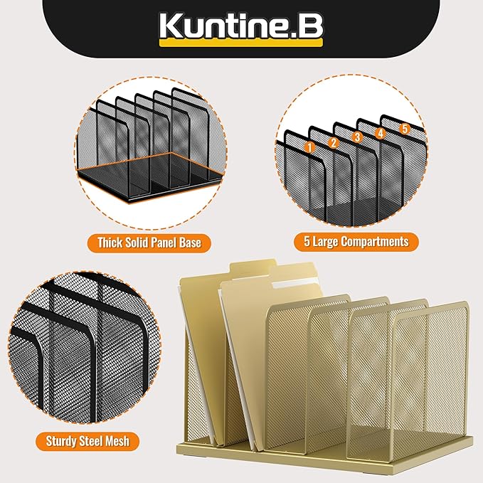 Kuntine.B Desk File Organizer Upright Mesh Desktop Organizer File Sorter Office Organization File Holder for Home, Office & Classroom (Gold, 1 Pack 5-Section)