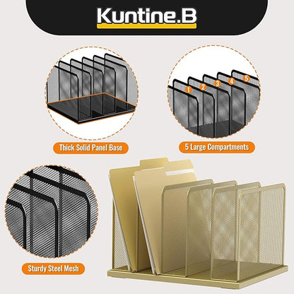 Kuntine.B Desk File Organizer Upright Mesh Desktop Organizer File Sorter Office Organization File Holder for Home, Office & Classroom (Gold, 1 Pack 5-Section)