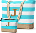 Becokan Beach Bag Initial Beach Tote with Makeup Bag for Travel Work Storage Personalized Birthday Gifts for Women Her