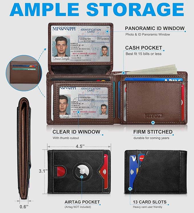 Airtag Wallet for Men,with Cash Pocket 2 ID Window 13 Cards,Slim Leather Wallet Front Pocket Card Holder RFID Blocking with Gift Box