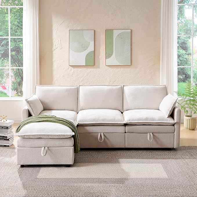 88.98" Sectional Couches for Living Room, Cloud Couch Sectional with Large Storage, L-Shape Modular Sectional Sofa with Ottoman, 4 Seater Chenille Sofa with Pillow for Apartment, Bedroom, Beige