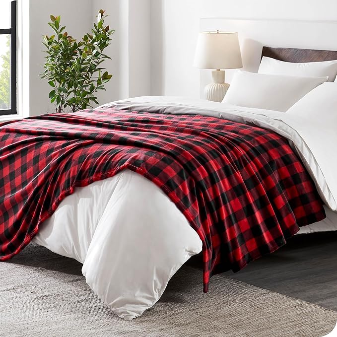 Bare Home Fleece Blanket - King Size - Ultra-Soft Lightweight for Bed, Sofa, and Couch - Luxury Microplush - Cozy Warm Blanket (King, Buffalo Plaid - Red/Black)