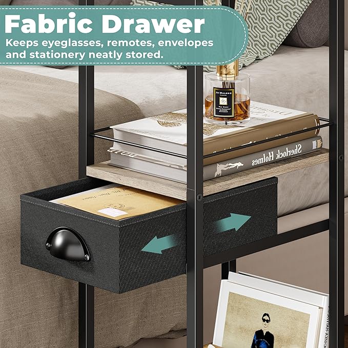 Rolling C Shaped Side Table with Storage Drawer, Ivory Portable Desk on Wheels, Bedside Table for Sofa Couch & Bed, Small Overbed Laptop Desk, Mobile Coffee End Table for Bedroom Living Room Dorm