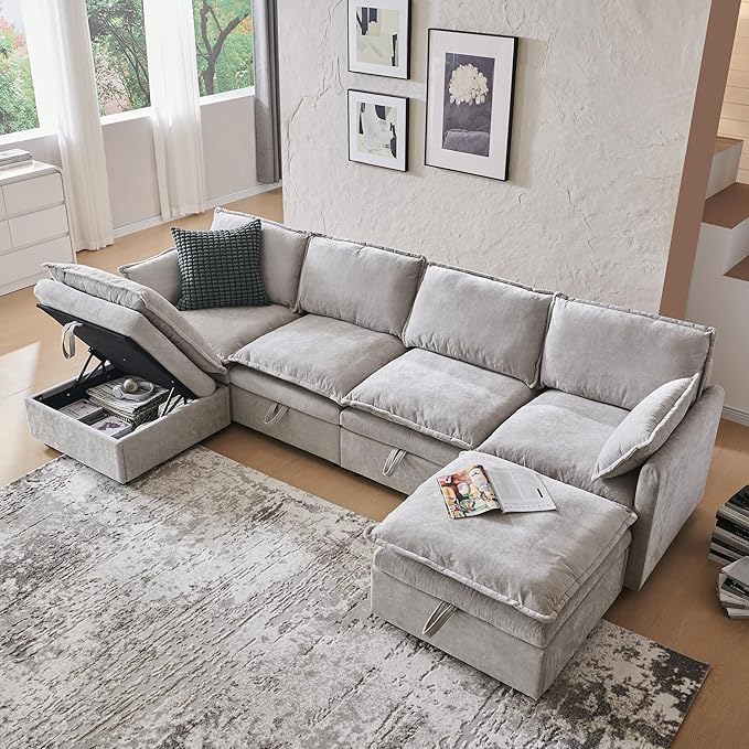 116.54" Sectional Couches for Living Room, Cloud Couch Sectional with Large Storage, U-Shape Modular Sectional Sofa with Ottoman,6 Chenille Seater with Pillow for Apartment, Bedroom, Light Grey