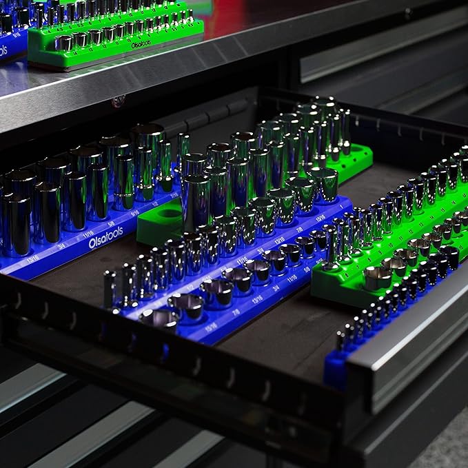 Olsa Tools Magnetic Socket Holder | 1/2-inch Drive | Metric | Green | Holds 19 Sockets | Professional Quality Tools Organizer