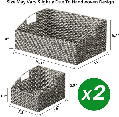 Ollieroo Rattan Storage Baskets, Handwoven Wicker Storage Bins with Built-in Handles, Storage Container Baskets for Shelves, Bedroom, Bathroom, Laundry Room or Kitchen(Grey)