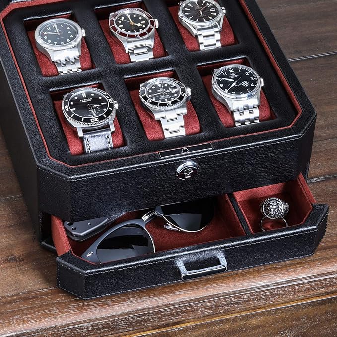 ROTHWELL Gift Set 6 Slot Leather Watch Box and 2 Watch Travel Case - Luxury Case Organizer, Microsuede Liner, Locking Mens Jewelry Watches Holder, Storage Boxes Glass Top (Black/Red Gift Set)