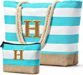 Becokan Beach Bag Initial Beach Tote with Makeup Bag for Travel Work Storage Personalized Birthday Gifts for Women Her