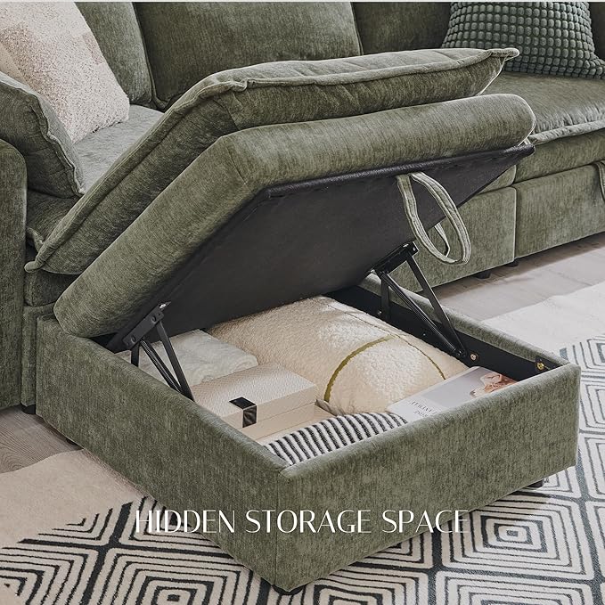 88.98" Sectional Couches for Living Room, Cloud Couch Sectional with Large Storage, L-Shape Modular Sectional Sofa with Ottoman, 4 Seater Chenille Sofa with Pillow for Apartment, Bedroom, Green