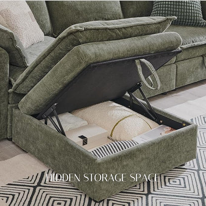 88.98" Sectional Couches for Living Room, Cloud Couch Sectional with Large Storage, L-Shape Modular Sectional Sofa with Ottoman, 4 Seater Chenille Sofa with Pillow for Apartment, Bedroom, Green