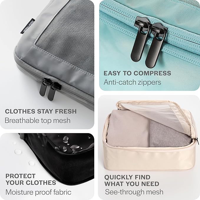 Aerotrunk Compression Packing Cubes for Travel - Luggage Organizer Bags - Double Zipper Packing Cubes for Suitcases (6-Pack, Dark Grey)