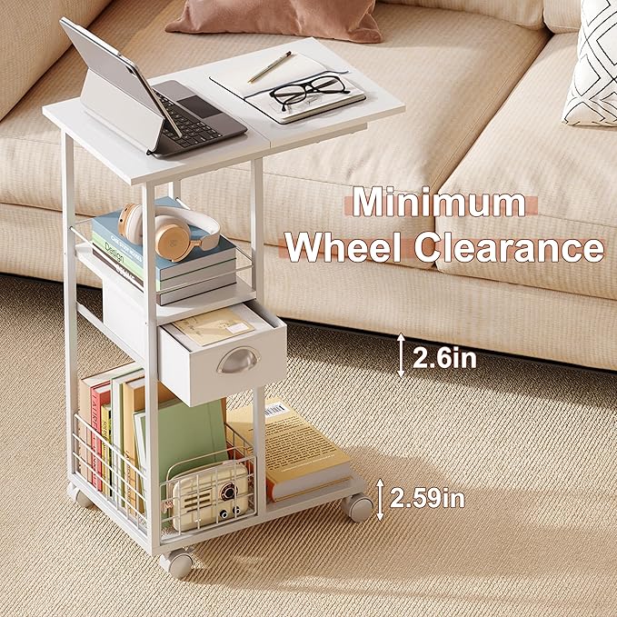 Rolling Side Table with Storage, White Bedside Table with Wheels, Accent C Table for Sofa, Portable Desk on Wheels, Modern Night Stand, Overbed Table for Bedroom, C Shaped End Tables Living Room, Dorm