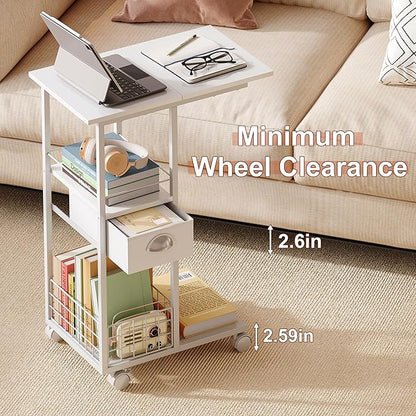 Rolling Side Table with Storage, White Bedside Table with Wheels, Accent C Table for Sofa, Portable Desk on Wheels, Modern Night Stand, Overbed Table for Bedroom, C Shaped End Tables Living Room, Dorm