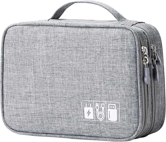 MIRLEWAIY Portable Electronics Accessories Organizer Bag Travel Charger Cable Storage Soft Case Double Layer for Hard Drives, Cord, USB, SD Cards Carrying, Grey