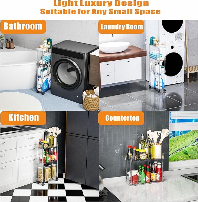 Yieach Clear 3 Tier Slim Rolling Storage Cart with Wheels,6.3″W Thin Shelf,Bathroom Storage Cabinet,Skinny Laundry Cart,Narrow Laundry Room Cart Between Washer and Dryer,Skinny Shelves for Small Space