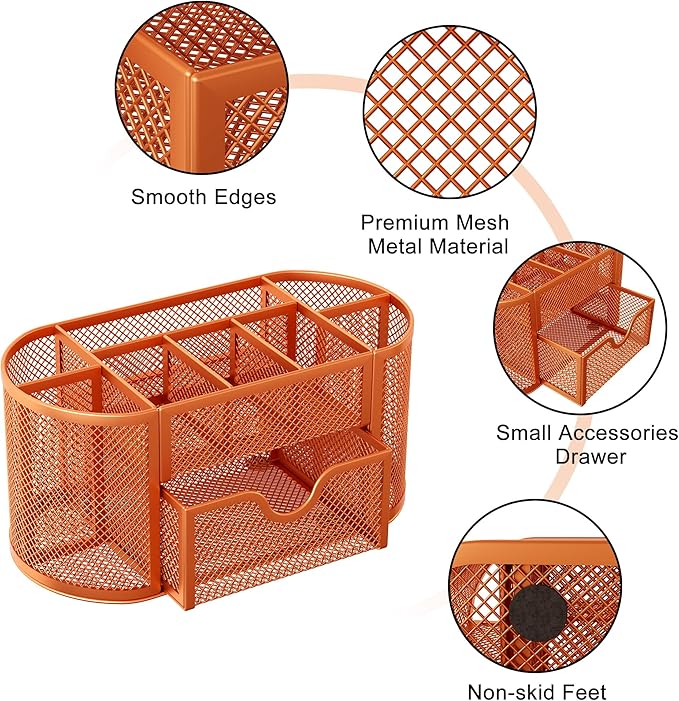 EasyPAG Mesh Pen Holder Desk Organizer with Drawer Stationery Supplies Organizer for Dorm School 9 Compartments Workspace Desk Accessories Organization for Office, Orange