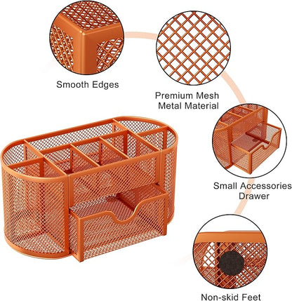 EasyPAG Mesh Pen Holder Desk Organizer with Drawer Stationery Supplies Organizer for Dorm School 9 Compartments Workspace Desk Accessories Organization for Office, Orange