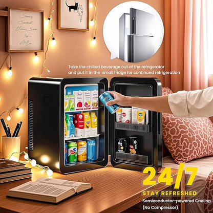 22L/30Cans Mini Fridge for Bedroom, 12v DC Portable Cooler & Warmer, Mini Refrigerator with Glass Front, for Car Office Desk & Dorm Food Beverage Skincare Makeup (Black)