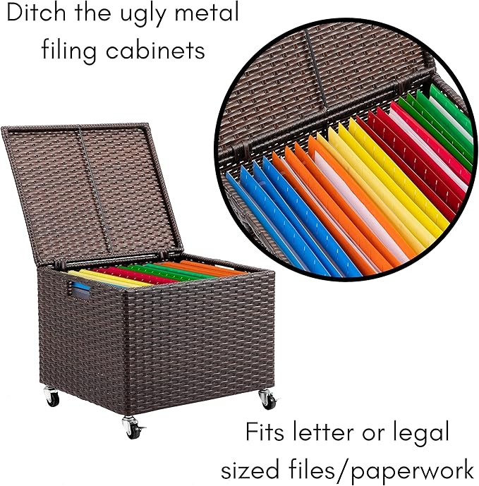 BIRDROCK HOME Rolling File Box - Storage Cabinet with Wheels - Weatherproof Rattan-Style Resin Deck Chest for Garden, Home Office - Organize Cushions, Toys, and Accessories - Storage Box - Espresso
