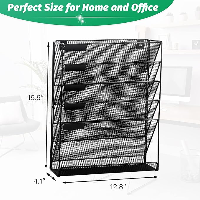 EASEPRES Desk File Organizer Mesh 6-Tier, Hanging Wall Mount Document Organization Stand, Desktop Vertical Mail Paper Folder Holder Rack with Bottom Tray for Office Home Cubicle Countertop, Black