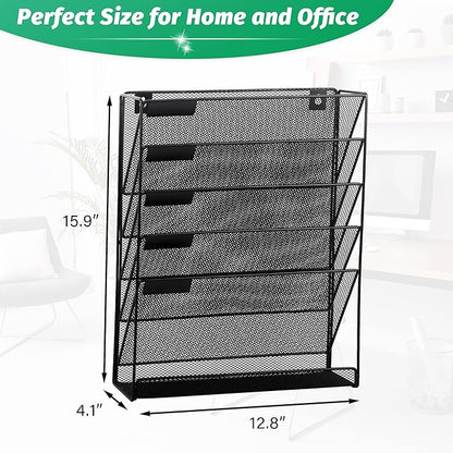 EASEPRES Desk File Organizer Mesh 6-Tier, Hanging Wall Mount Document Organization Stand, Desktop Vertical Mail Paper Folder Holder Rack with Bottom Tray for Office Home Cubicle Countertop, Black