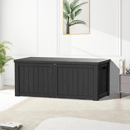 Extra-Large 150 Gallon Outdoor Chest Storage Waterproof - Outside Storage Box & Bench, Resin Deck Chest for Patio/Pool, Lockable UV-Resistant, Onyx Black