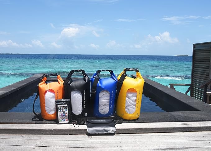 Freegrace Waterproof Dry Bags Set of 3 Dry Bag with 2 Zip Lock Seals & Detachable Shoulder Strap, Waist Pouch & Phone Case - Can Be Submerged Into Water - for Swimming (Black(Window), 10L)