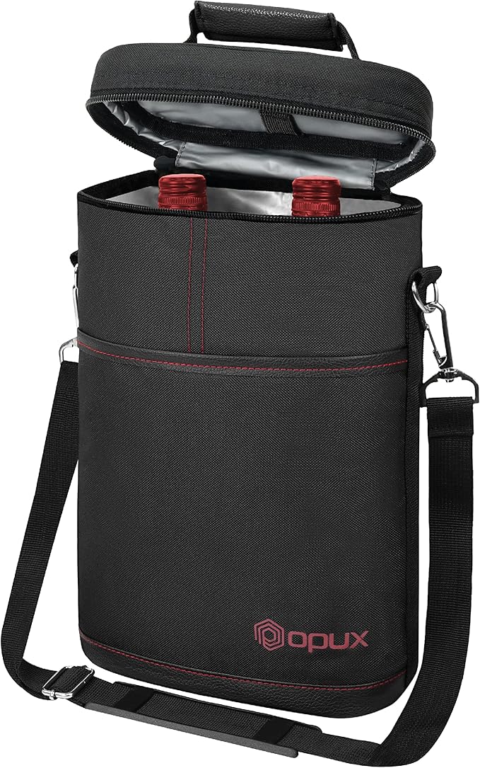 opux 2 Bottle Wine Carrier Tote, Insulated Leakproof Wine Cooler Bag, Wine Travel Bag Tote for Picnic BYOB Beach, Portable Wine Bottle Carrying Case, Gift for Wine Lover Women Men Christmas, Black