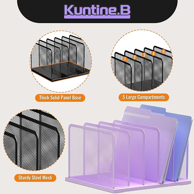 Kuntine.B Desk File Organizer Upright Mesh Desktop Organizer File Sorter Office Organization File Holder for Home, Office & Classroom (Purple, 1 Pack 5-Section)