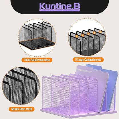 Kuntine.B Desk File Organizer Upright Mesh Desktop Organizer File Sorter Office Organization File Holder for Home, Office & Classroom (Purple, 1 Pack 5-Section)