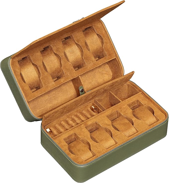 ROTHWELL 8 Watch Travel Case Storage Organizer for 8 Watches, Sunglasses, Rings & Cufflinks |Tough Portable Protection with Zipper Fits Most Wristwatches & Smart Watches Up to 50mm (Green/Tan)