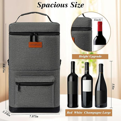 2 Bottle Wine Bag Carrier Tote, Portable Wine Cooler Bag with Padded Shoulder Strap, Versatile Liquor Case for Picnic Travel Birthday Party Coolest Gift for Women Men Wine Lovers Grey