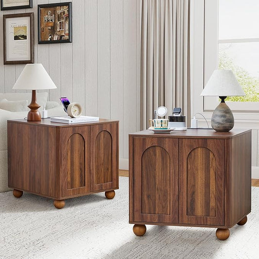 Bed Side Table Set of 2 with Charging Station, Mid Century Modern Nightstand with 2 Doors, Square End Table with Storage for Couch,Living Room, Sofa Side Table for Office,Dorm - Walnut