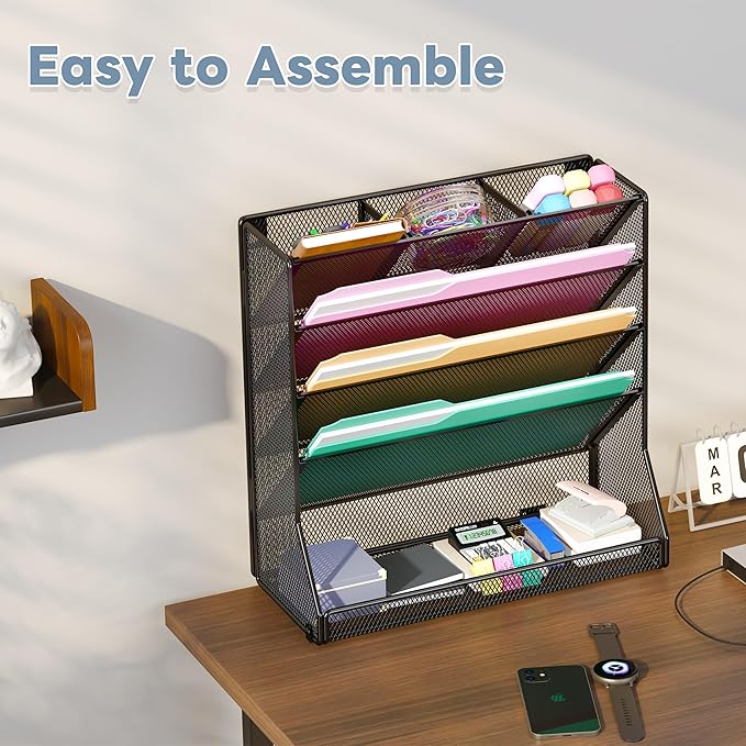 File Organizer Wall Mounted 5 Tiers, Durable Adjustable Metal Vertical Hanging, Stable R-Shaped Bottom 4 Pull-Out Deviders to Sort File,Mail,Newspaper,Pen, Suitable for Office,Black