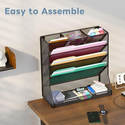 File Organizer Wall Mounted 5 Tiers, Durable Adjustable Metal Vertical Hanging, Stable R-Shaped Bottom 4 Pull-Out Deviders to Sort File,Mail,Newspaper,Pen, Suitable for Office,Black