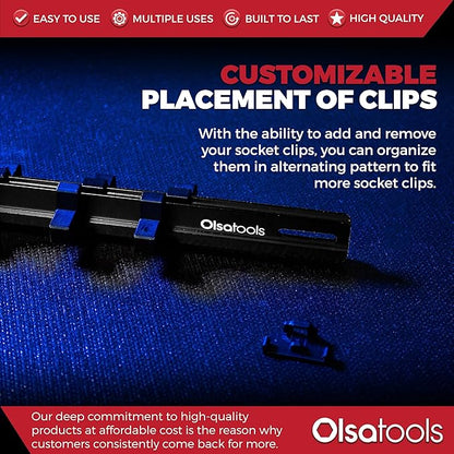 Olsa Tools Aluminum Socket Organizer with Locking End Caps - 3/8-Inch Drive - Black Socket Holder Rails for Chrome or Impact Sockets - Compact and Durable Socket Storage Solution - Part: 1179