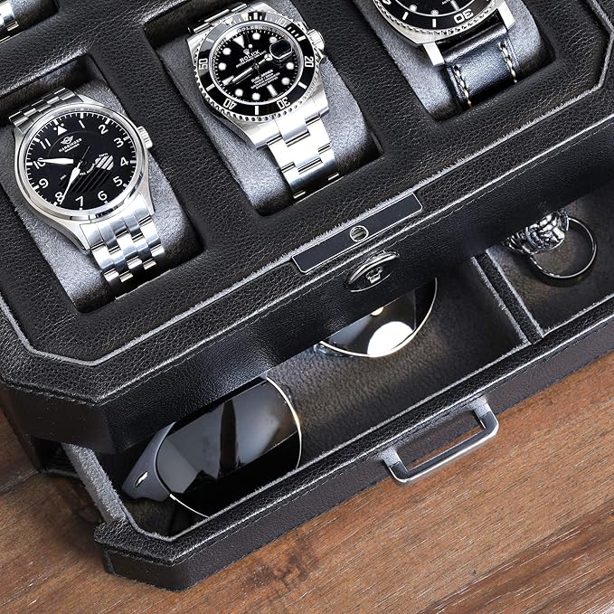 ROTHWELL 6 Slot Leather Watch Box with Valet Drawer - Luxury Watch Case Display Organizer, Microsuede Liner, Locking Mens Jewelry Watches Holder, Men's Storage Boxes With Large Glass Top (Black/Grey)