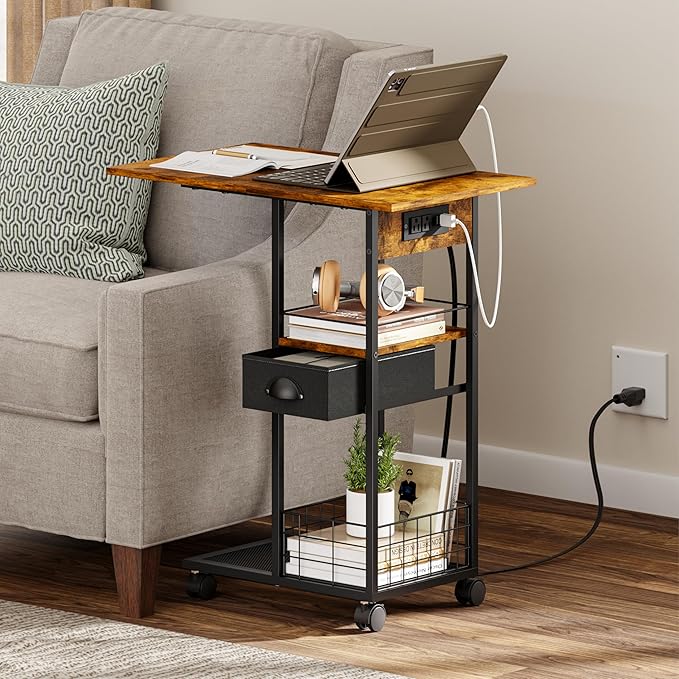 Rolling C-Shaped Side Table with Charging Station, Night Stand with Type-C & USB Port and Outlet for Bedroom, Spacious Coffee Table with Wheels for Living Room, Home Office, Small Space(Large Desktop)