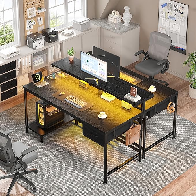 39.3" Gaming Desk with Power Outlet and LED Lights,Computer Desk with Adjutable Monitor Stand and Drawer,Office Desk with CPU Stand for Home Work,Study and Gaming, Small Spaces,Black