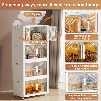 Storage Bins with Lid 76QT, Stackable Storage Containers with Wheels and Magnetic Doors, Plastic Clothes Closet Organizers and Storage Box for Home and Office (4 Pack)