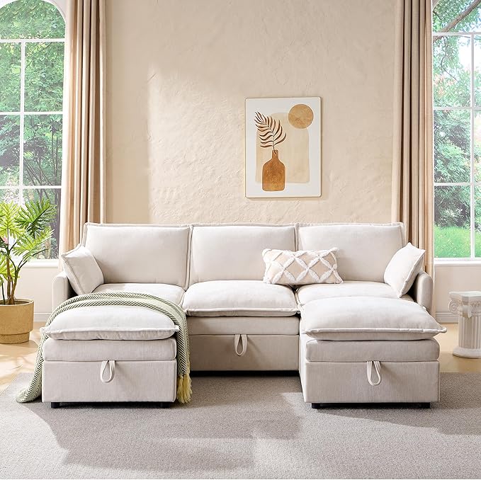 88.98" Sectional Couches for Living Room, Cloud Couch Sectional with Large Storage, U-Shape Modular Sectional Sofa with Ottoman, 5 Seater Chenille Sofa with Pillow for Apartment, Bedroom, Beige