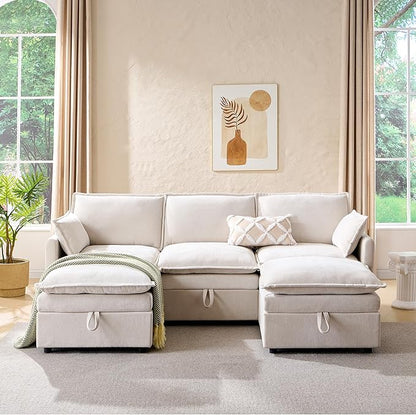 88.98" Sectional Couches for Living Room, Cloud Couch Sectional with Large Storage, U-Shape Modular Sectional Sofa with Ottoman, 5 Seater Chenille Sofa with Pillow for Apartment, Bedroom, Beige