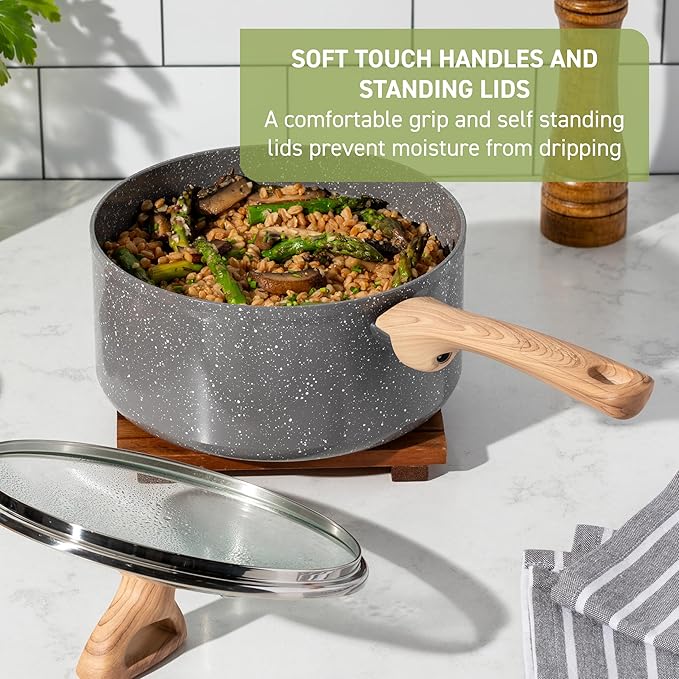 T-fal Revive Ceramic Cookware Sets, Pots and Pans Set Nonstick, (12 pieces), Ceramic Non stick Coated, Frying Pan, Oven Safe Up To 350°F, Grey Granite